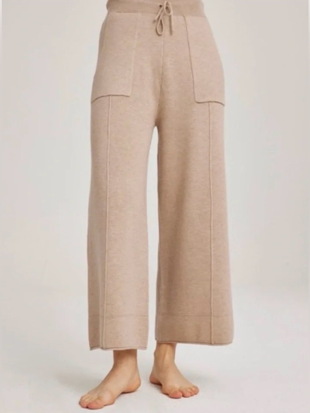 NAP Loungewear Heverly Wool Blend Knit Wide Leg Pants Beige Tan Drawstring M/L